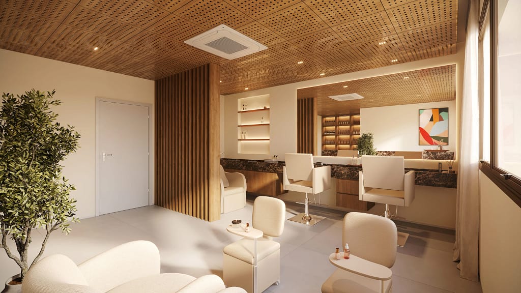 Salão de beleza do Pura por Artefacto no Ilha Pura, Barra da Tijuca, com espaço moderno para cuidados pessoais