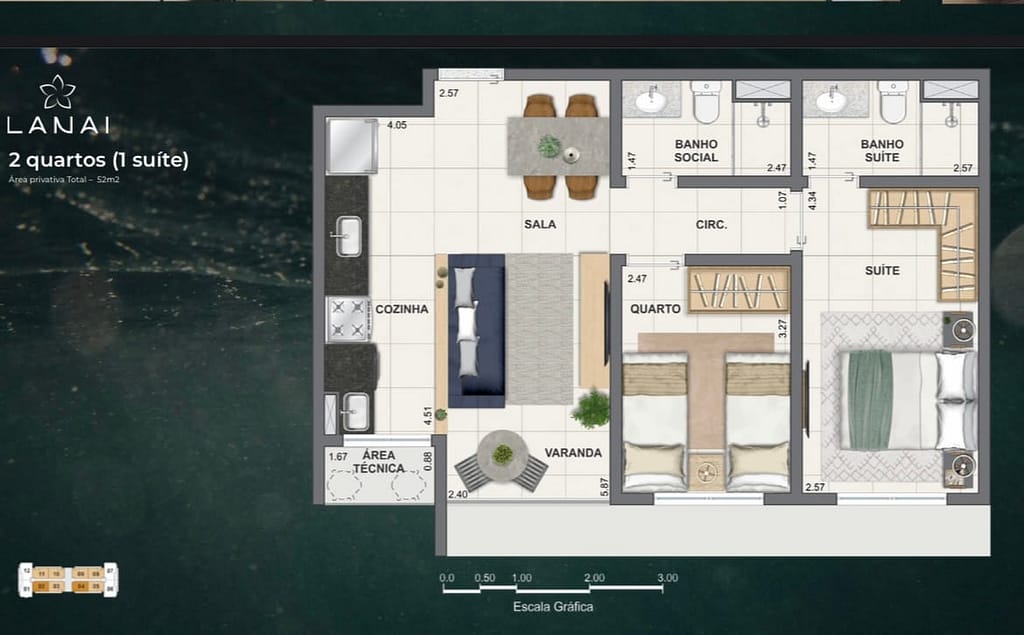 Planta humanizada de apartamento 2 quartos com suíte no Lanai Recreio Pontal Oceânico. Área privativa de 52m² com varanda gourmet, sala integrada, cozinha americana e acabamento premium Calçada S.A