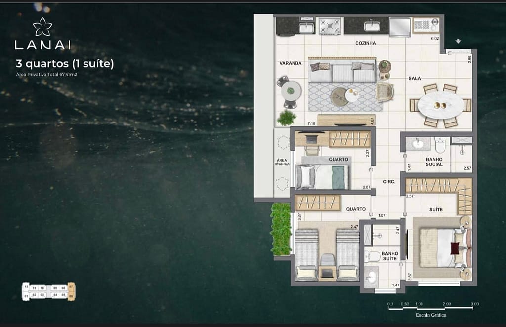 Planta humanizada de apartamento 3 quartos (1 suíte) no Lanai Recreio Pontal Oceânico. Unidade de 67,30m² com sala de jantar e estar integrada, cozinha americana, varanda e área técnica. Projeto de arquitetura contemporânea Calçada e Montserrat.