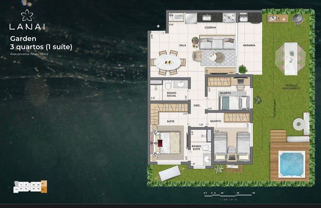 Planta humanizada de apartamento Garden de 3 quartos (1 suíte) no Lanai Recreio. Unidade com amplo terraço descoberto, deck com hidromassagem, área gourmet externa, sala integrada e cozinha americana. Área privativa total de 116m² com projeto de paisagismo no Pontal Oceânico.