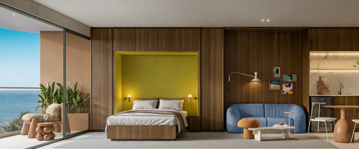 Apartamento studio moderno com vista para o mar, decoração funcional e layout ideal para short stay na Barra Olímpica e Recreio