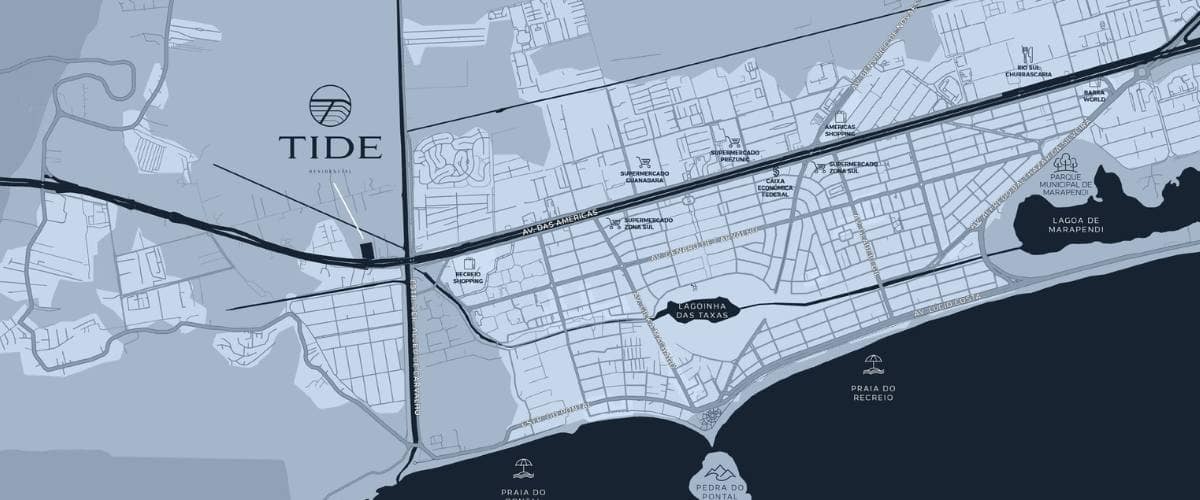 Mapa ilustrativo da localização do Tide Residencial no Recreio dos Bandeirantes, destacando sua posição na Avenida das Américas, próximo ao Recreio Shopping e às praias do Pontal e do Recreio