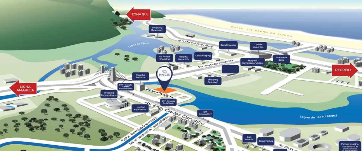 Mapa de localização do Breeze Inspire Residence na Barra Olímpica, próximo ao Centro Metropolitano, Shopping Metropolitano Barra e principais vias da Barra da Tijuca
