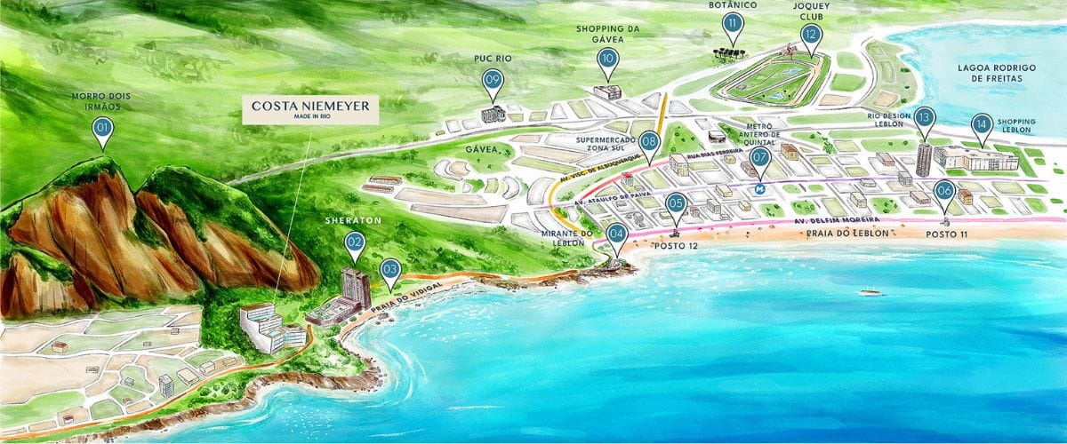 Mapa ilustrado da Zona Sul do Rio de Janeiro destacando a localização do Costa Niemeyer na Avenida Niemeyer, entre o Morro Dois Irmãos e o mar. O mapa sinaliza pontos de interesse próximos como o Hotel Sheraton, Mirante do Leblon, Shopping Leblon e a Rua Dias Ferreira