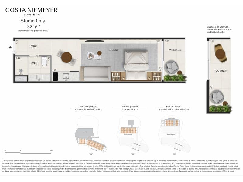 Planta humanizada do Studio Orla com 32 m² , a unidade mais frequente do Costa Niemeyer