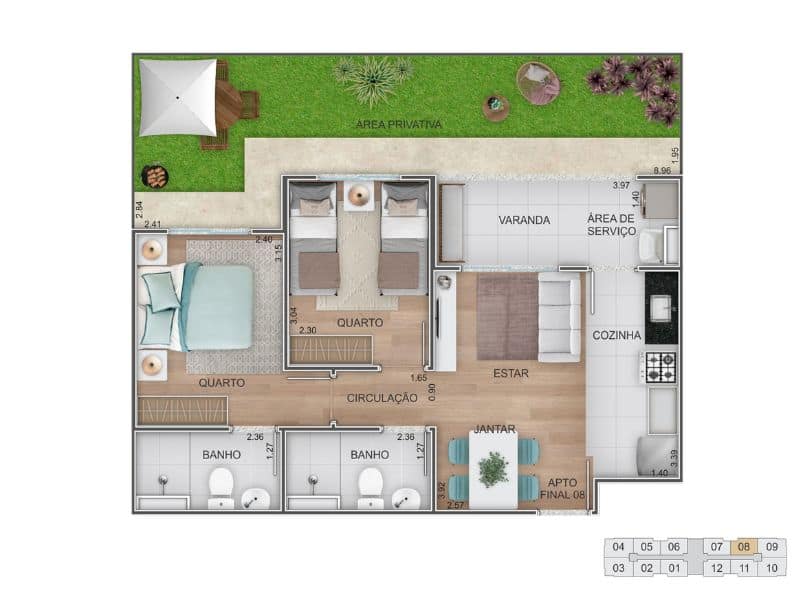 Planta garden do apartamento final 08 com área privativa no Oceanside Recreio