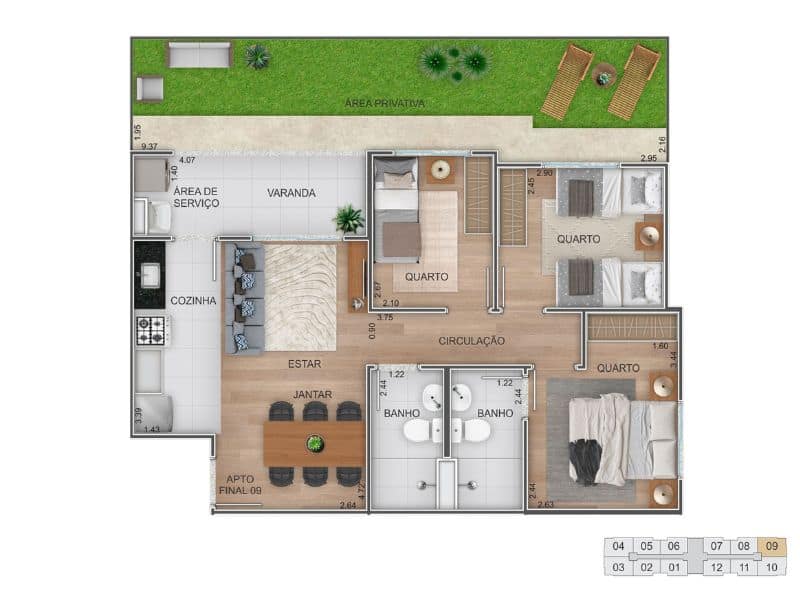 Planta garden do apartamento final 09 com área externa no Oceanside Recreio