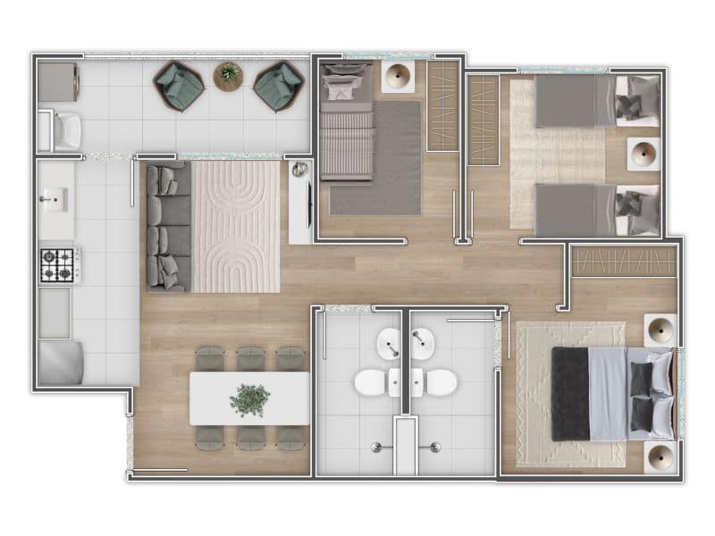 Planta de apartamento de 3 quartos no Oceanside Recreio no Recreio dos Bandeirantes
