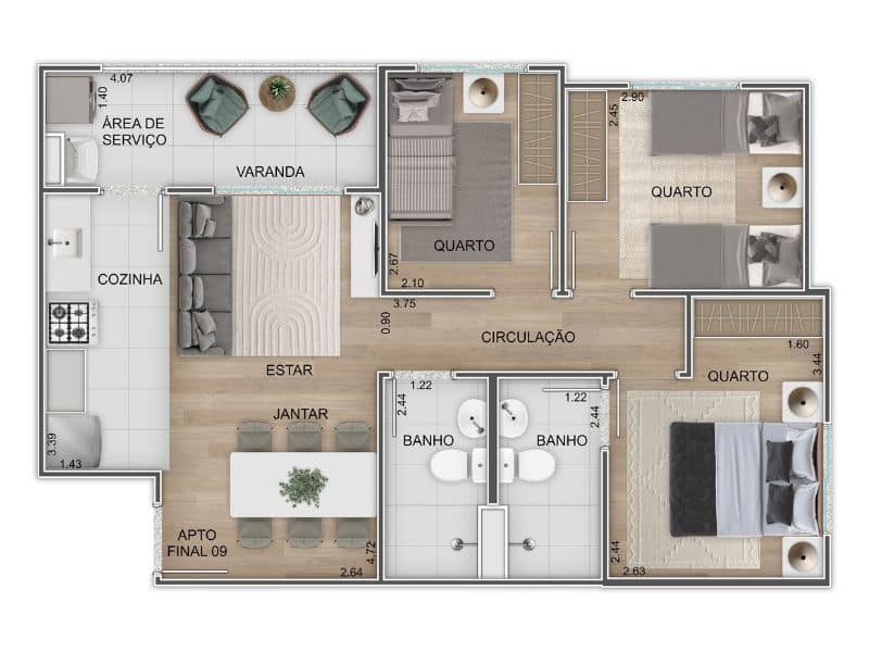 Planta de apartamento de 2 quartos no Oceanside Recreio com medidas dos ambientes