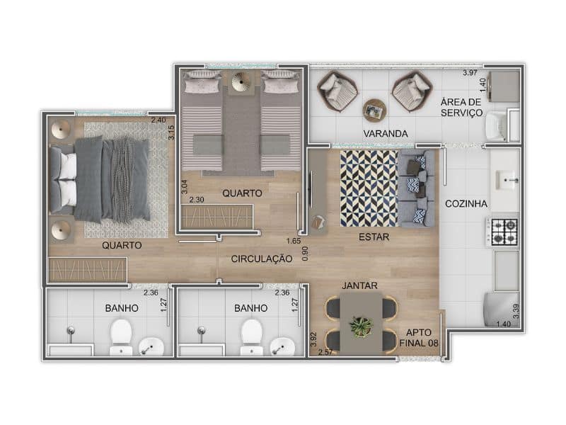 Planta do apartamento final 08 de 2 quartos no Oceanside Recreio